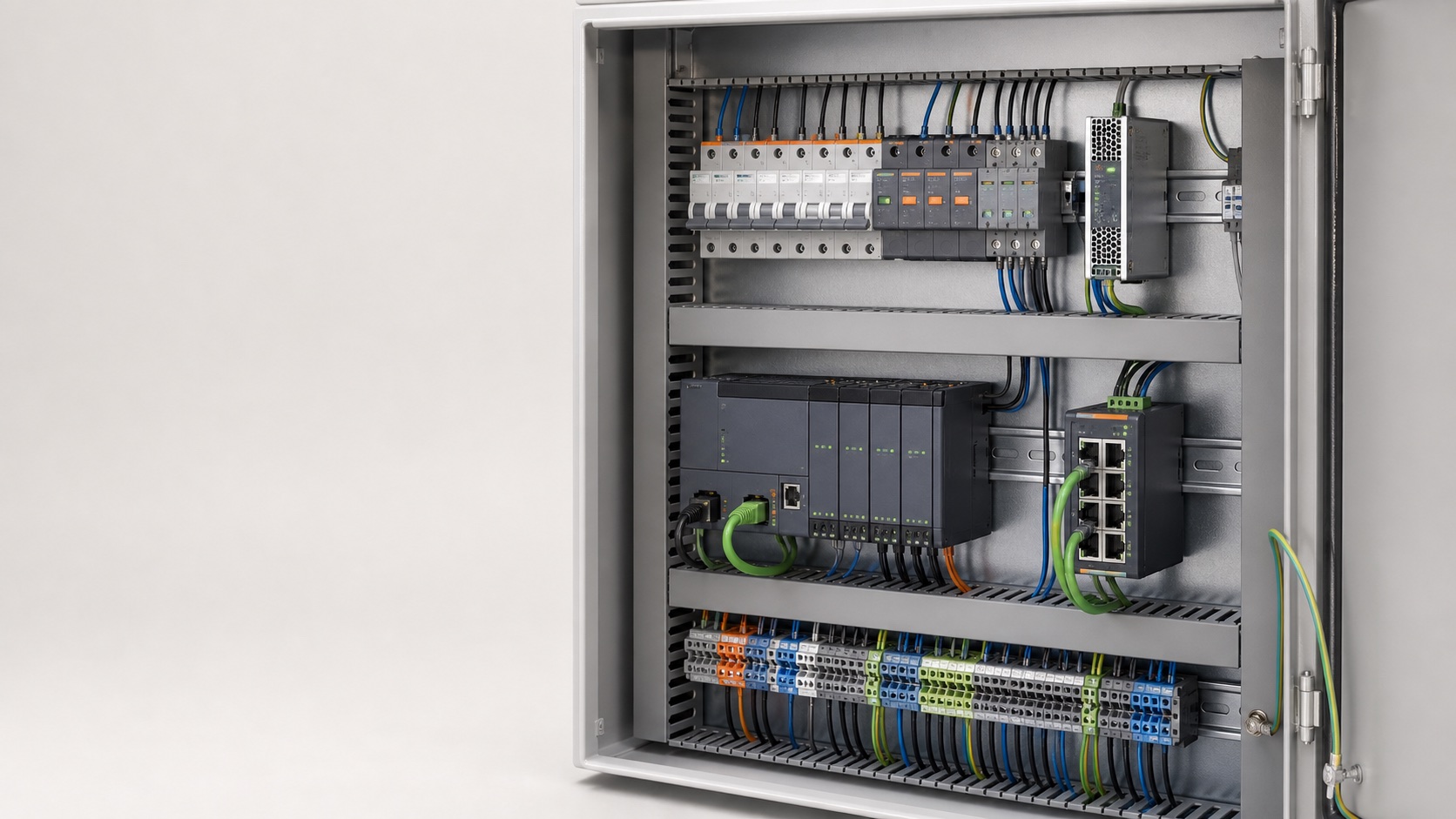 Cuadro eléctrico con componentes de alimentación, protección y comunicación industrial